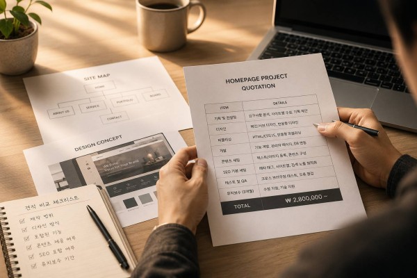 홈페이지 제작 견적서와 사이트맵 및 디자인 시안을 함께 비교하는 모습