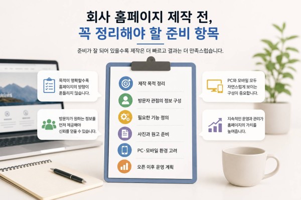 회사 홈페이지 제작 전 준비 항목을 정리한 이미지