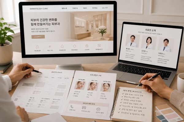 피부과 홈페이지 제작 방향과 의료진 및 진료 콘텐츠 구성을 함께 검토하는 모습