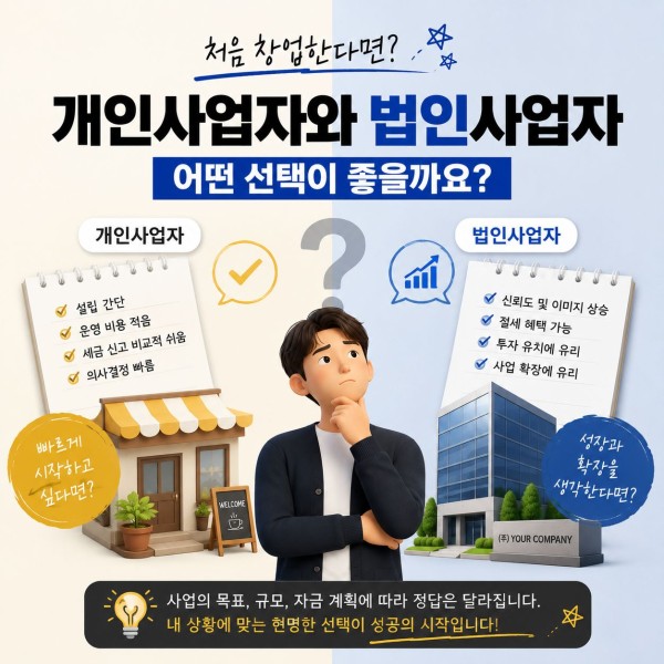 처음 창업한다면 개인사업자와 법인사업자 중 어떤 선택이 좋을까요? 대표 이미지